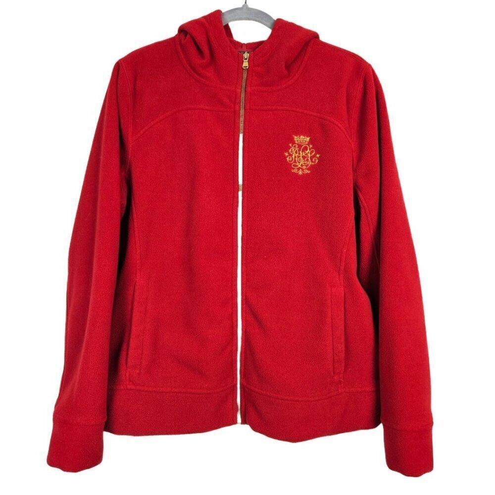 LAUREN Ralph Lauren Monogram Red Polar Fleece Full Zip Front Hoodie Jacket L